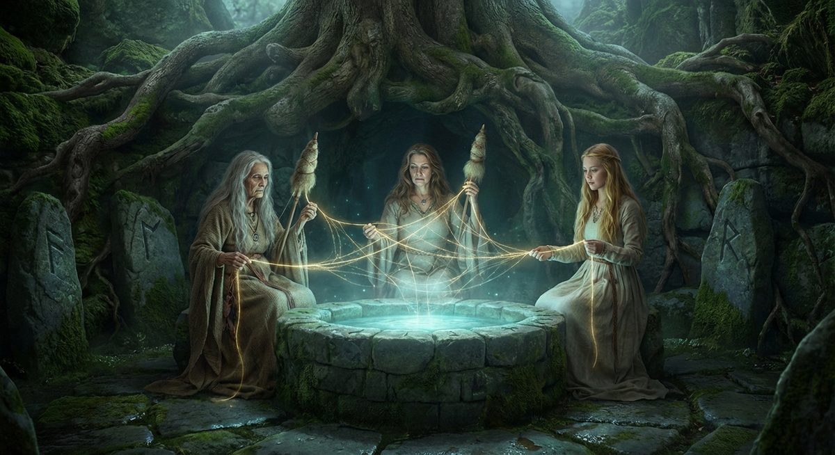 Die drei Nornen am Schicksalsbrunnen