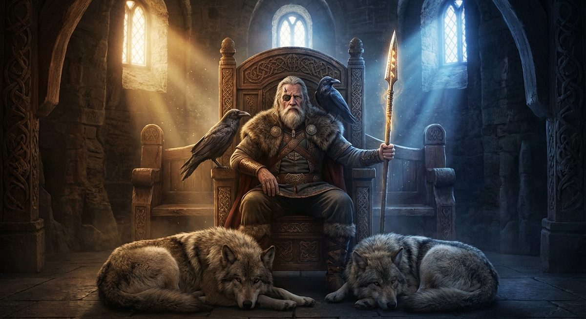 Odin der Allvater auf seinem Thron mit Raben und Wölfen