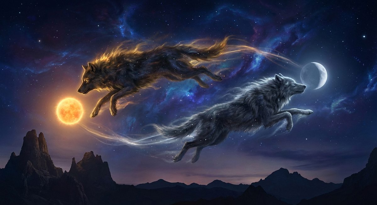 Die Wölfe Skalli und Hati jagen Sonne und Mond