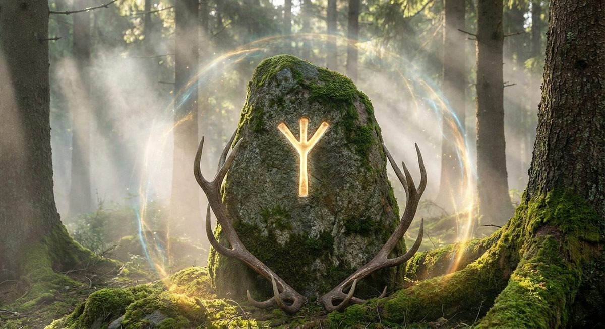 Runenstein mit der Algiz-Rune als Schutzzeichen