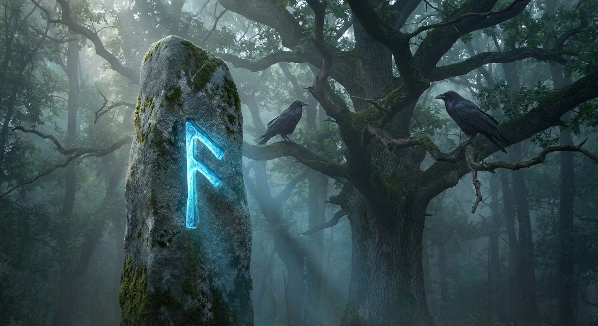 Runenstein mit der Ansuz-Rune und Raben