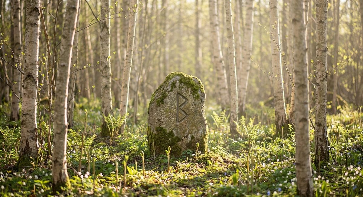 Runenstein mit der Berkano-Rune unter Birken