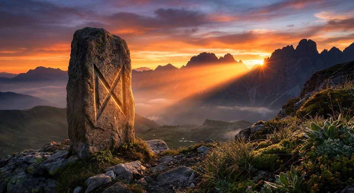 Runenstein mit der Dagaz-Rune im Morgengrauen