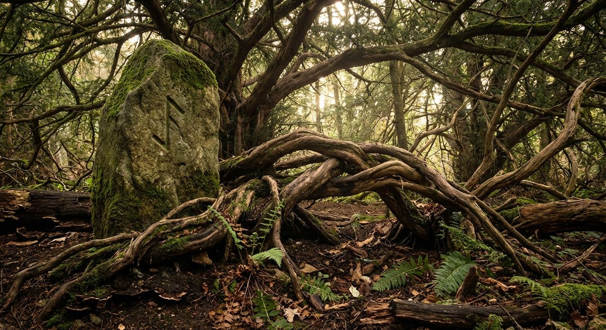 Runenstein mit der Eihwaz-Rune unter Eibenbaum