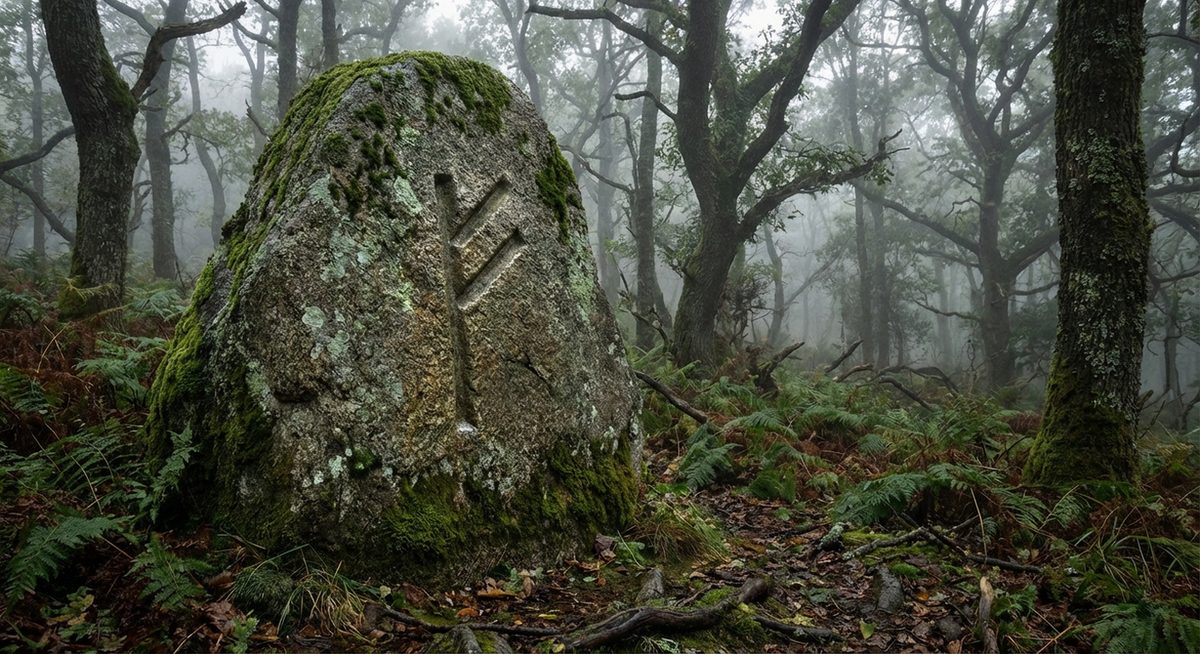 Runenstein mit der Fehu-Rune in mystischem Wald