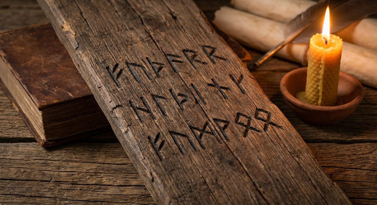 Das Futhark-Alphabet auf Holzstab