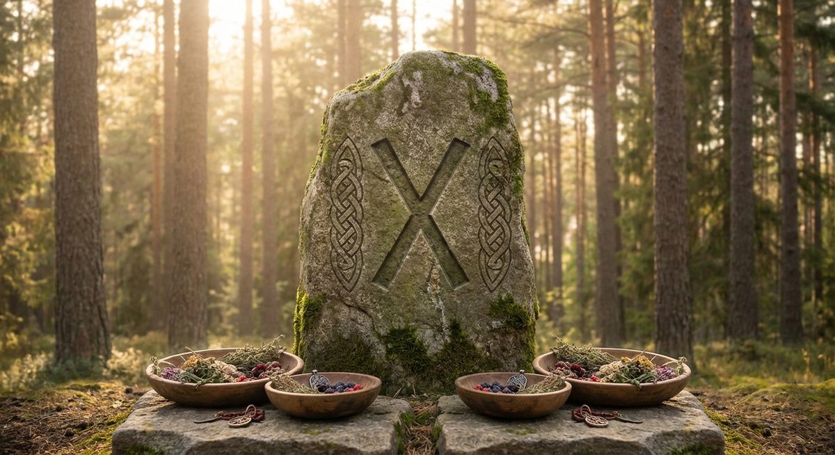 Runenstein mit der Gebo-Rune bei Opferzeremonie