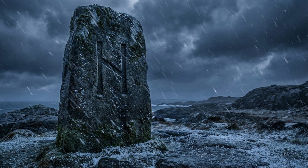 Runenstein mit der Hagalaz-Rune im Hagelsturm