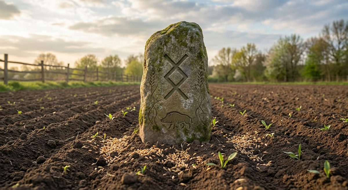Runenstein mit der Inguz-Rune im fruchtbaren Feld
