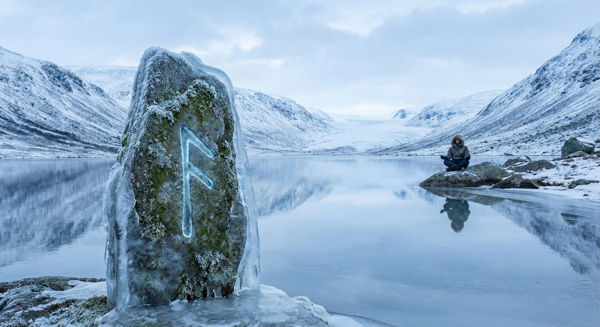 Runenstein mit der Isa-Rune in Eis gefangen