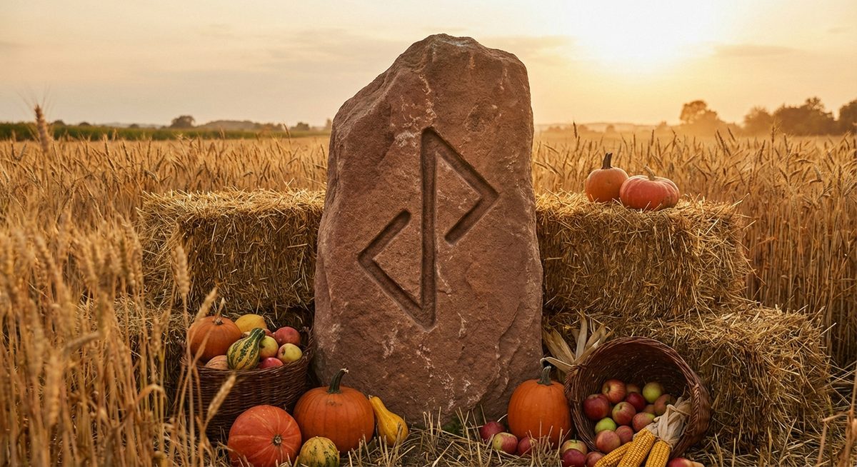 Runenstein mit der Jera-Rune im Erntefeld