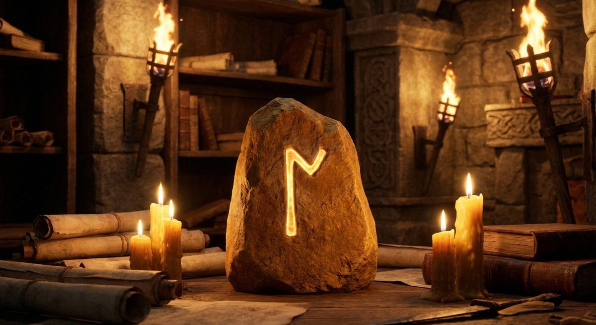 Runenstein mit der Kenaz-Rune im Fackelschein