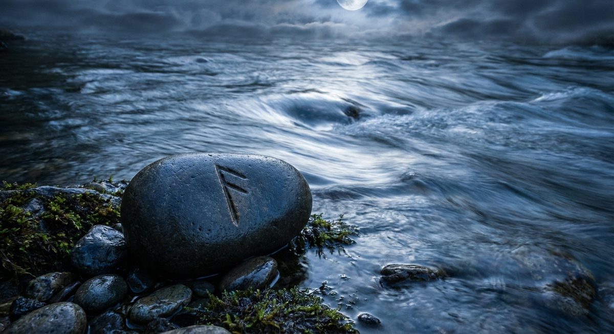 Runenstein mit der Laguz-Rune am Flussufer