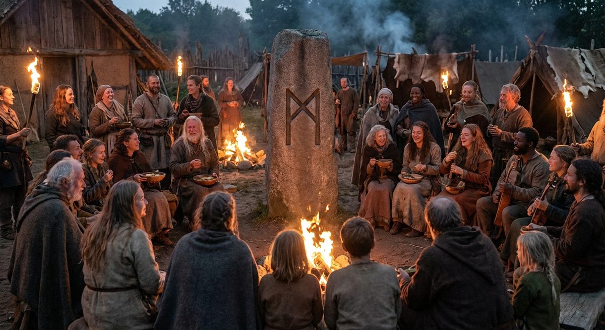 Runenstein mit der Mannaz-Rune im Dorf