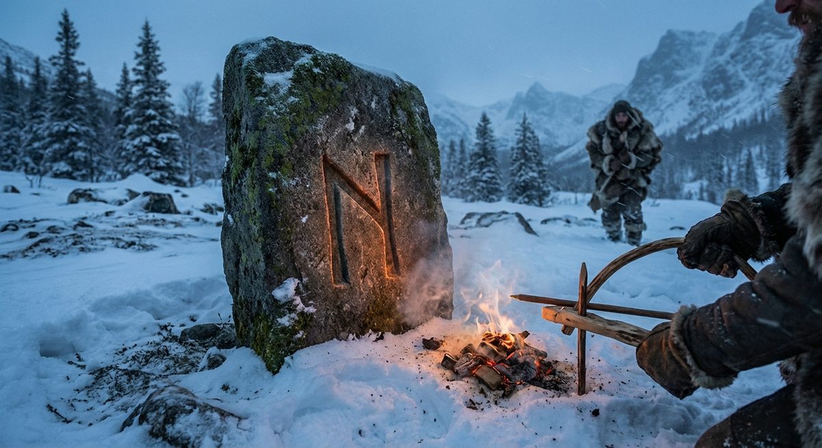 Runenstein mit der Naudiz-Rune in Winterlandschaft