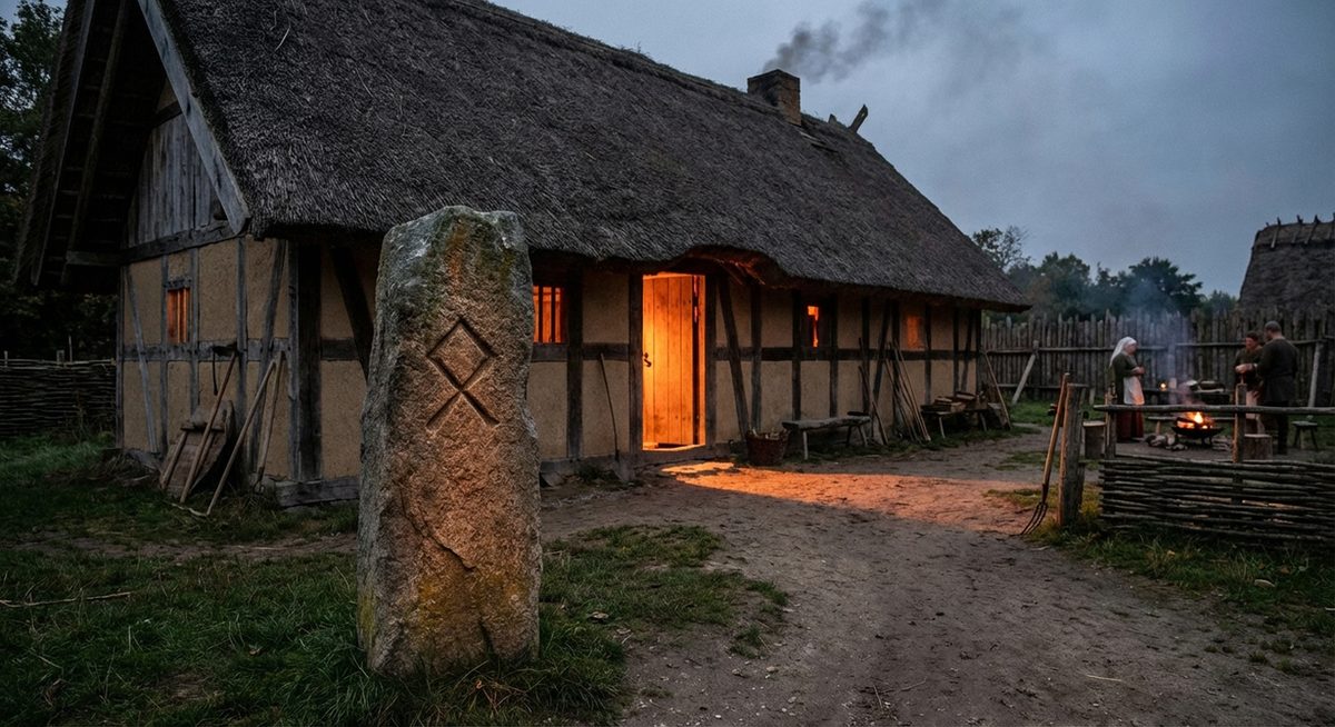 Runenstein mit der Othala-Rune vor Langhaus
