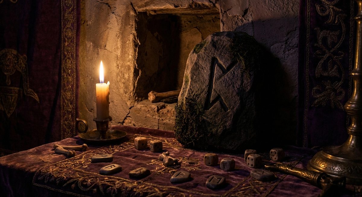 Runenstein mit der Perthro-Rune im Kerzenschein