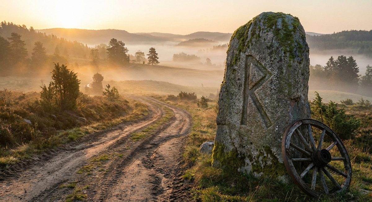 Runenstein mit der Raidho-Rune am Wikingerweg