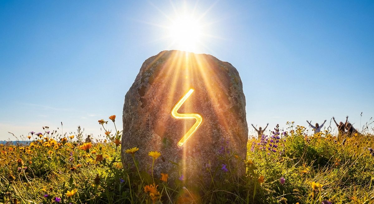 Runenstein mit der Sowilo-Rune im Sonnenlicht