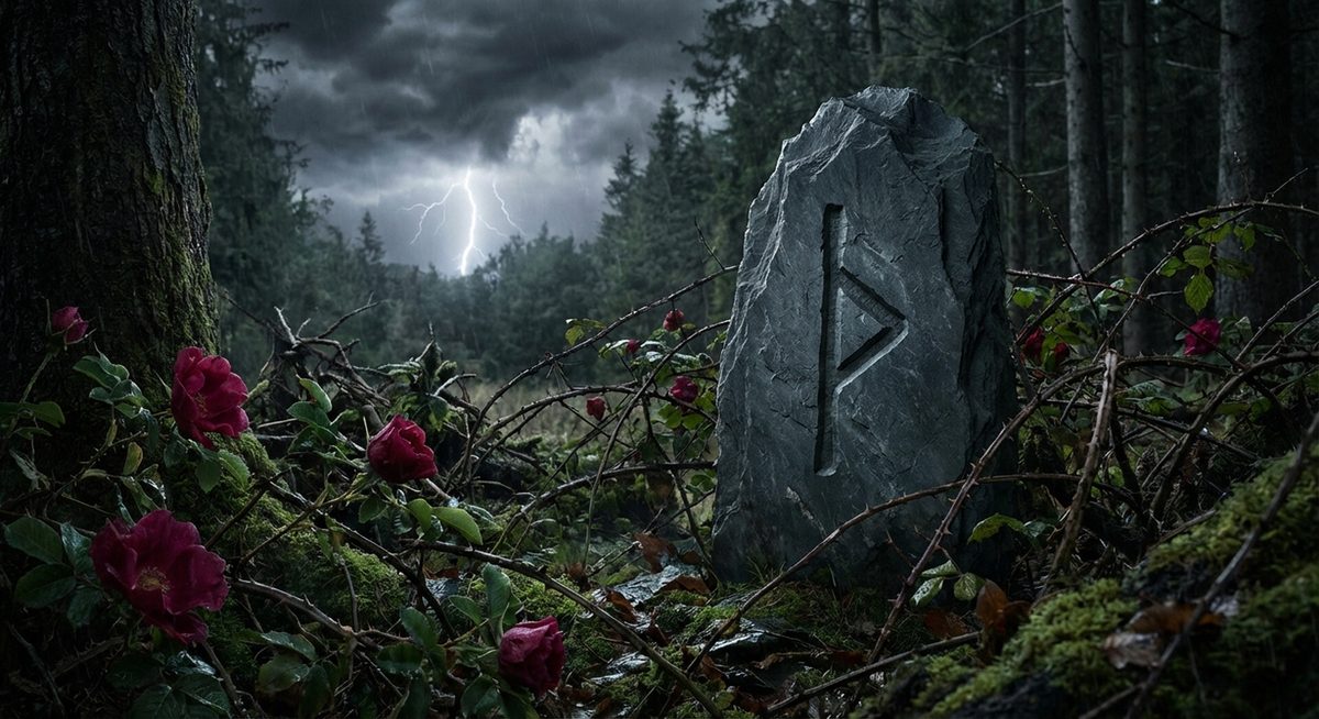 Runenstein mit der Thurisaz-Rune im dunklen Wald