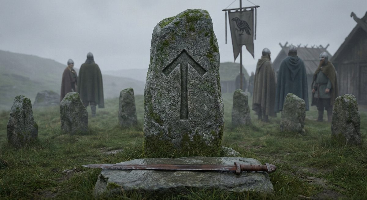 Runenstein mit der Tiwaz-Rune am Thingplatz