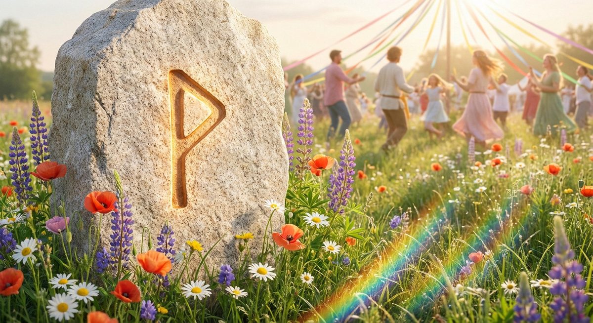 Runenstein mit der Wunjo-Rune in Frühlingswiese